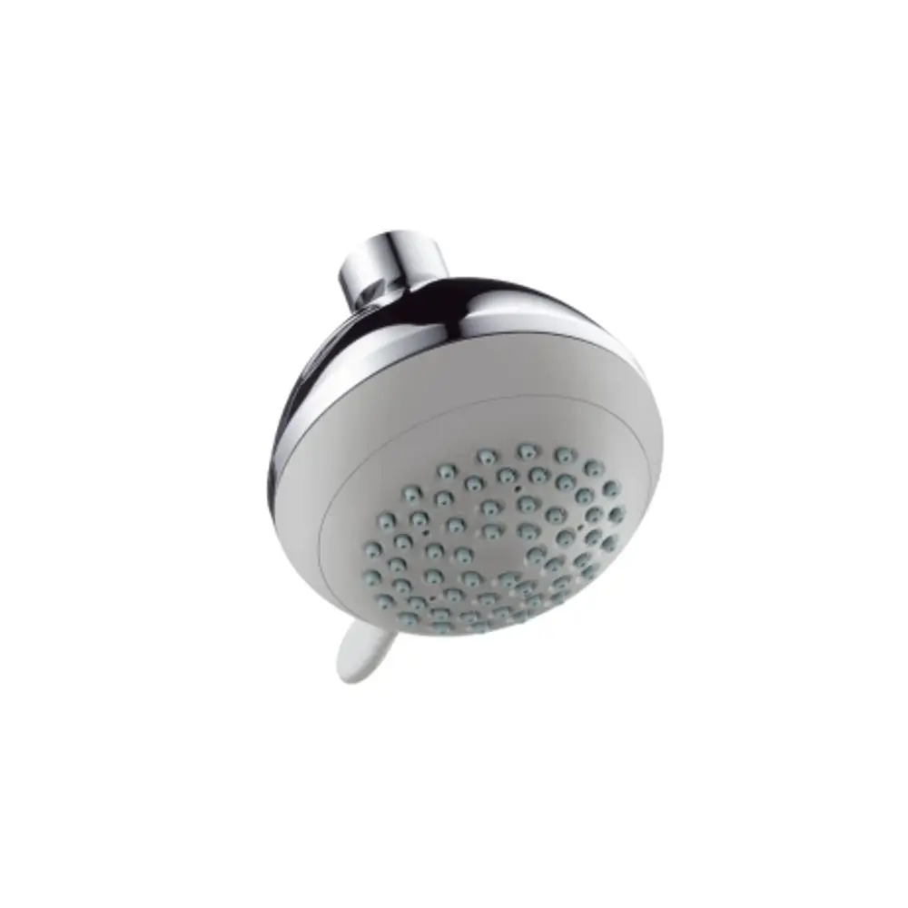 Kopfdusche von Hansgrohe mit runder, glatter Oberfläche und mehreren Aussparungen für den Wasserstrahl. Verbindungsstück oben zur Montage sichtbar.